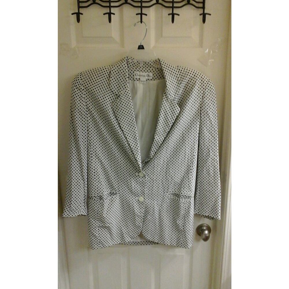 Christian Dior Designer Blazer, women's size 6, 100% silk, ivory, blue dots, EUC